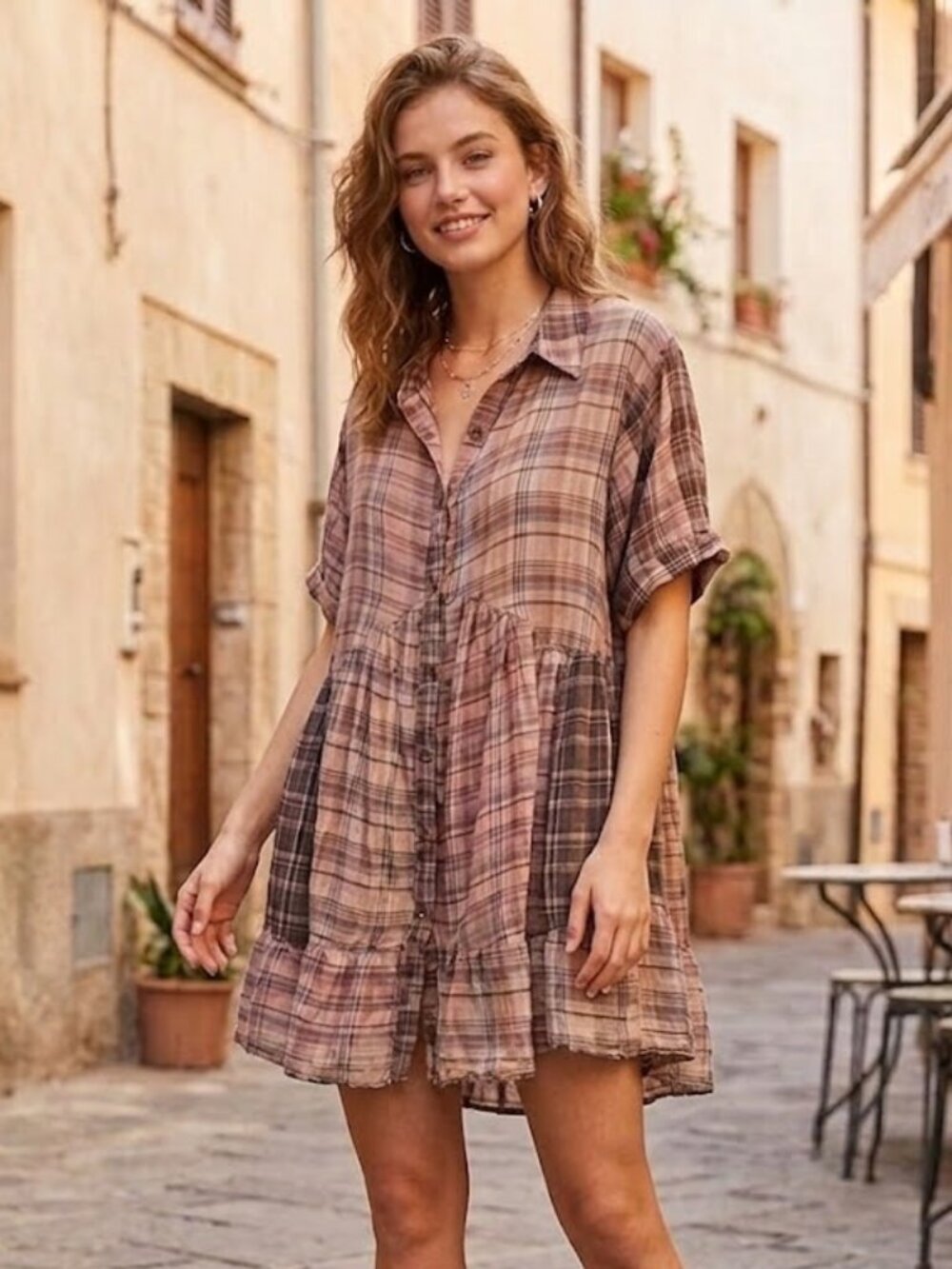 By Together Plaid Cotton Dress Detachable Lining